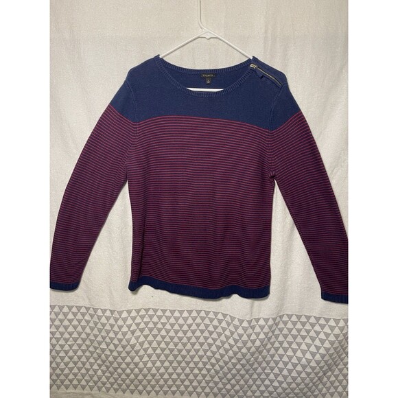 Talbots Sweater Womens Red Blue Striped Pullover Knit Cotton Blend Zipper Large - Picture 1 of 10